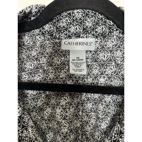Catherines Button Down Silky Fabric Women’s Black Pattern Bow 3/4 Sleeve Size 3X - Picture 3 of 9